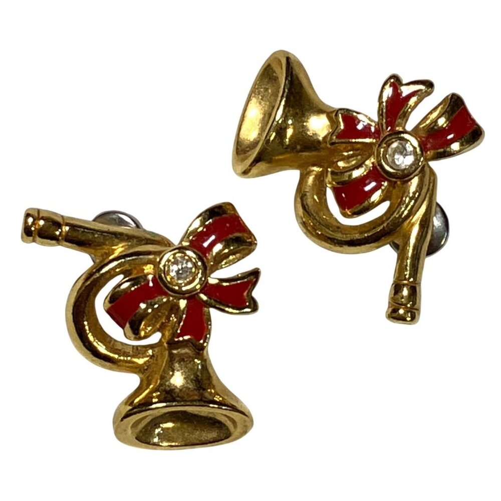 Vintage Avon French Horn Christmas Earrings With Red Bow & Rhinestone Detail